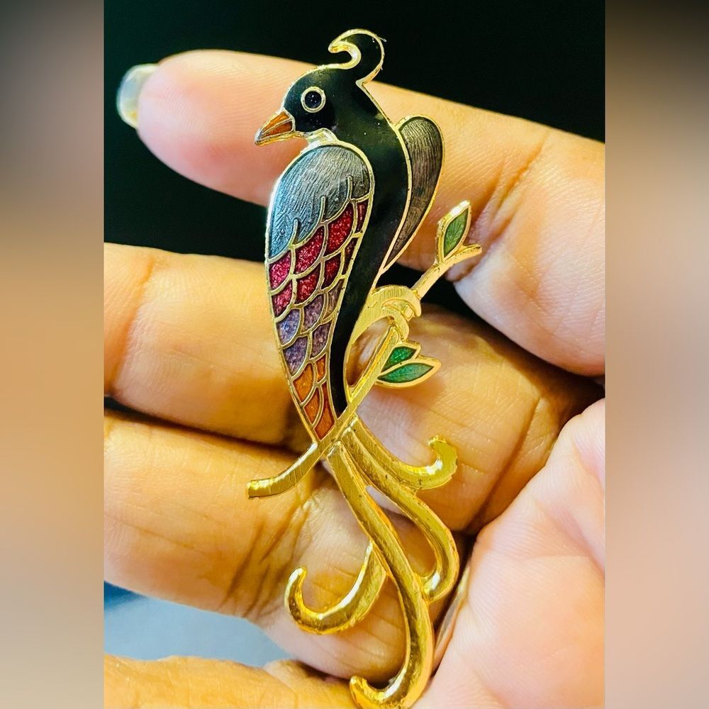 Gold Tone Enamel Multicolor Bird Brooch Pin